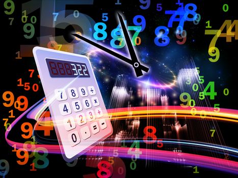Interplay of digital calculator, clock, numbers and colors on the subject of calculation, deadline and office work