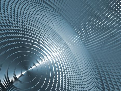 Rendering of section of blue metallic three dimensional circular mesh suitable as a background screen