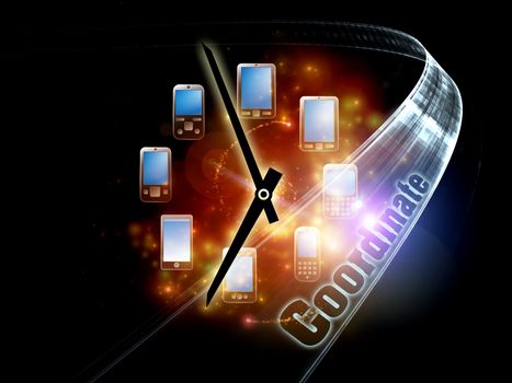 Rendering of cellular phones, clocks and abstract design elements on the subject of phone technology, cellular communication, project coordination and modern electronic gadgets