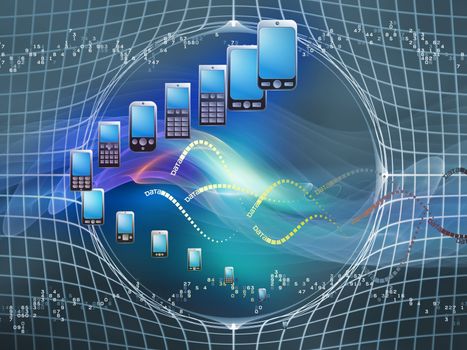 Rendering of cellular phones, numbers and abstract design elements on the subject of digital phone technology, cellular communication and modern electronic gadgets