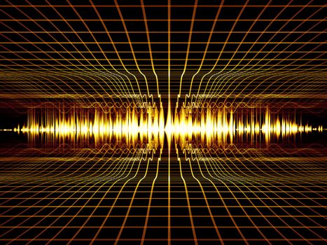 Interplay of perspective lines and sound wave on the subject of music, audio and sound technology