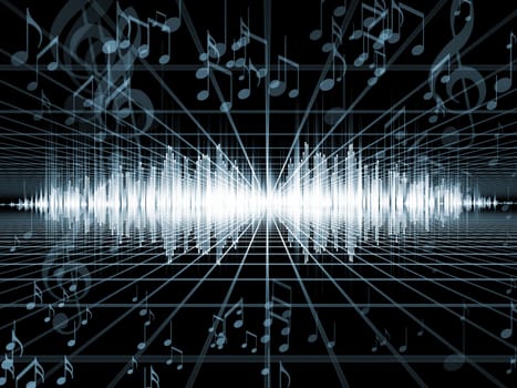 Interplay of perspective lines, sound wave, notes and various design elements on the subject of music, audio and sound technology