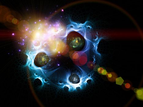 Interplay of fractal meshes, colors, quantum formulas and lights on the subject of quantum physics, Universe, Creation, Big Bang, science and technology