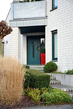 Modern entrance door and front yard