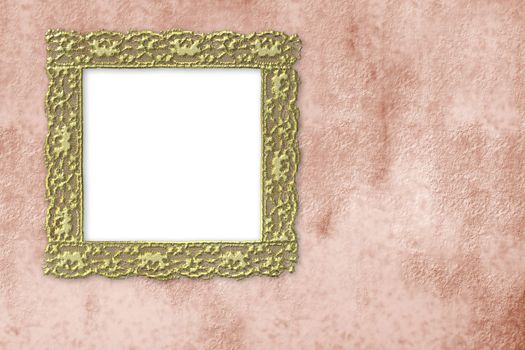 gold photo frame empty, hung on a wall of old paper