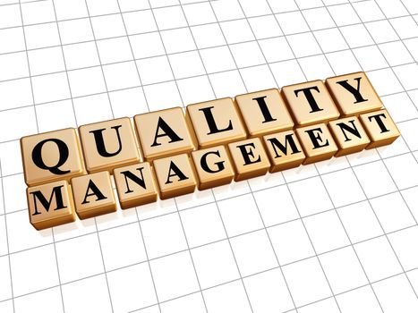 quality management - text in 3d golden cubes with black letters, business CRM concept