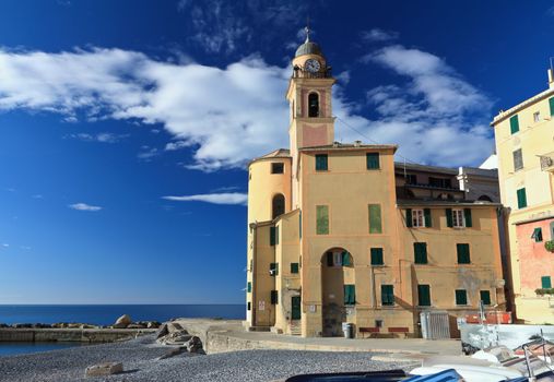 seaside and church in Camogli, Liguria, Italy