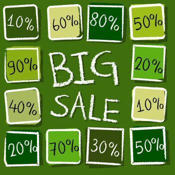 big sale and different percentages - retro style green label with text and squares, business concept