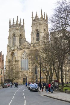 YORK, UK - MARCH 29: Street view from Dumcombe Place showing York Minster at the back. March 29, 2013 in York.