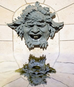 grotesque, mask, and its reflection in water (a castle near Paris, France)