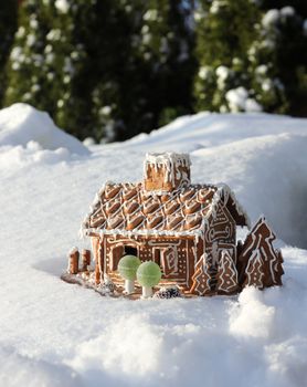 Gingerbread house in real winter snow Christmas background