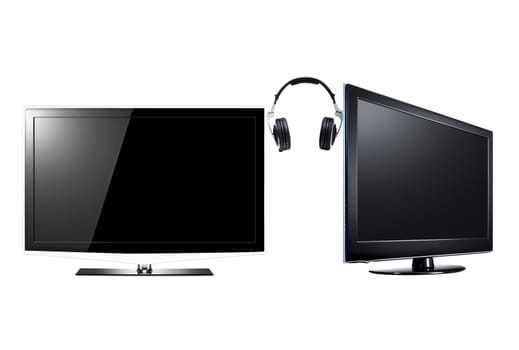 two LCD high definition flat screen TV with headphone isolated on white