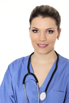 Portrait of woman doctor in blue uniform with stethoscope