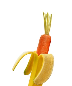 Carrot inside of banana isolated on white