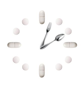 watch made up out of white tablets and fork with spoon