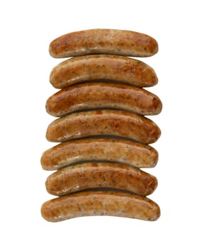 Roasted sausages on white background