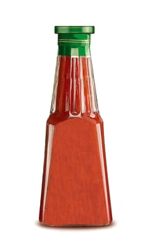 Glass bottle of ketchup isolated on white