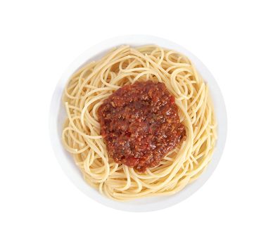 Spaghetti a la Bolognese in the white plate isolated on white