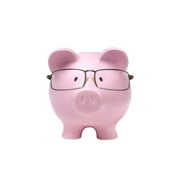 piggy bank with glasses in isolated white background