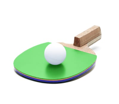 Table tennis racket and ball isolated on white background