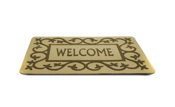 Photo of a welcome door mat isolated on a white background.