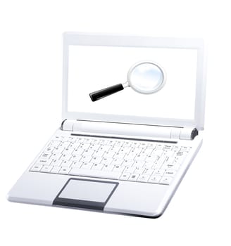 Laptop with blank white screen and magnifying glass. Computer generated image.