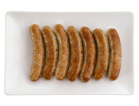 Roasted sausages on white plate and beer