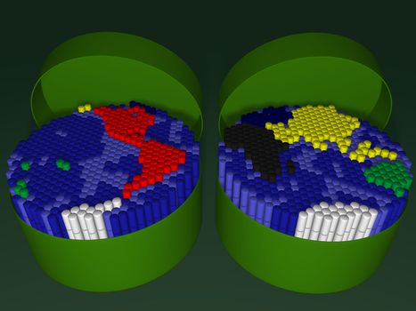 Two plastic tube with markers, packed in a map of the Earth hemispheres