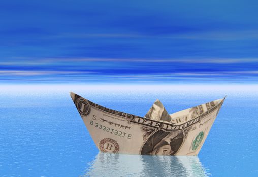 A boat made from a dollar bill floating on a calm sea