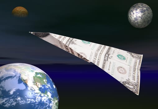 A dart made from a dollar travels between the planets