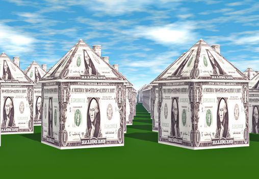 Rows and rows of houses made from dollar bills