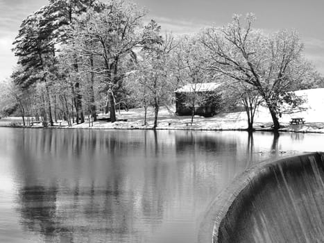 A winter scene at a dam in rural North Carolina