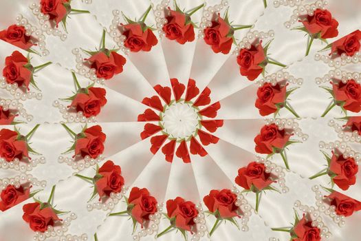 A background of a tiny rosebud with scattered pearls, lying on white silk