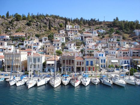 Yachts at Poros quay in summer                               