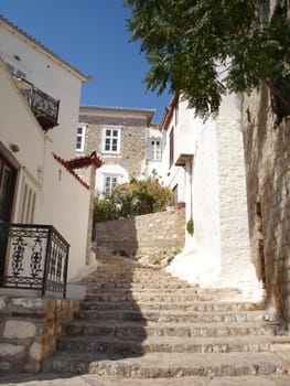 Stairway of Hydra street run up to the hill                               
