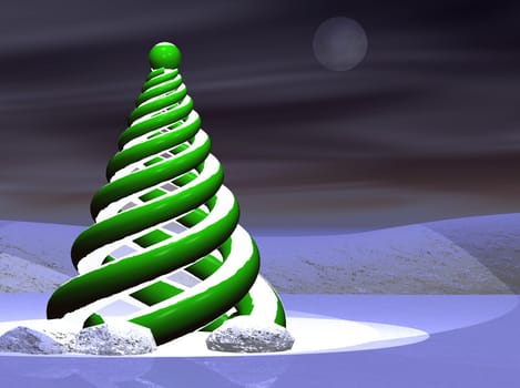 A stylized modern Christmas tree with a full moon