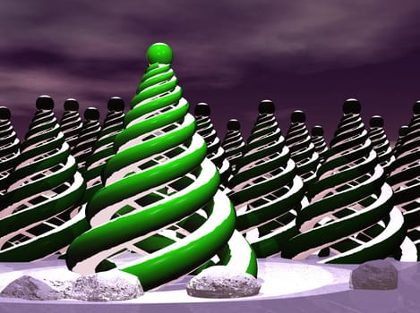 Stylized modern Christmas trees in a snowy field