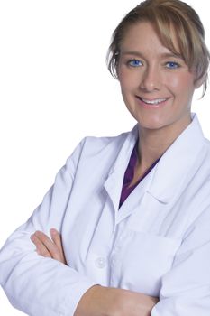 Beautiful female doctor in white doctor's coat, standing arms crossed