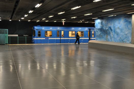 Scene from the metro in Stockholm. Photo taken at the art-decorated station Stadion.