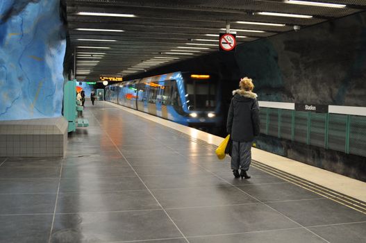 Scene from the metro in Stockholm. Photo taken at the art-decorated station Stadion.