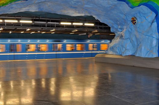 Scene from the metro in Stockholm. Photo taken at the art-decorated station Stadion.