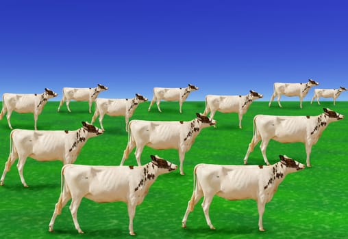 A surreal herd of white cows in a green field