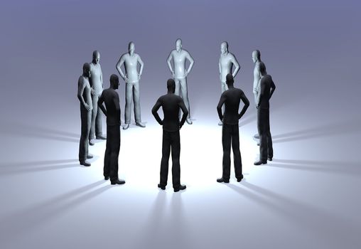 A ring of mannequins in a discussion circle