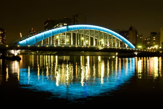 night iron-bridge and reflection in river, Eitaibashi Bridge, Tokyo