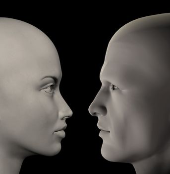 Man and woman facing couple. 3d digitally created illustration.
