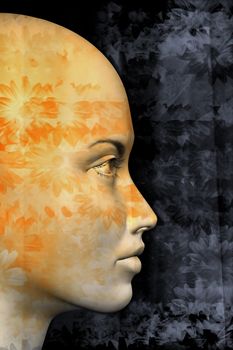 Female profile and abstract floral pattern. 3d illustration.