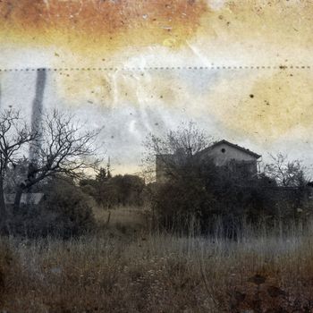 Abandoned rural house. Vintage print on stained weathered paper illustration.