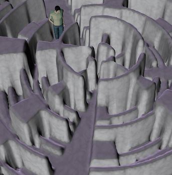 Man trying to find a way out of a complex maze labyrinth. 3d illustration.