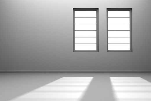 An empty white room with two windows with sunlight streaming in
