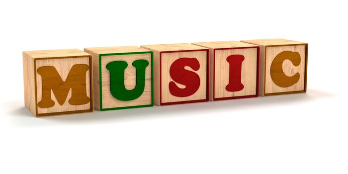 Music Spelled out In Child Color Blocks Angled with White Background and soft shadows